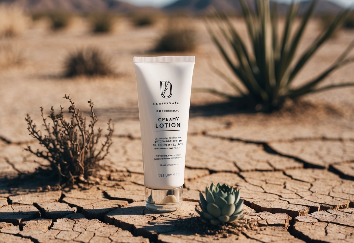 A tube of rich, creamy lotion sits on a wooden table next to a cracked desert landscape. The lotion is surrounded by dry, cracked earth and a few withered plants