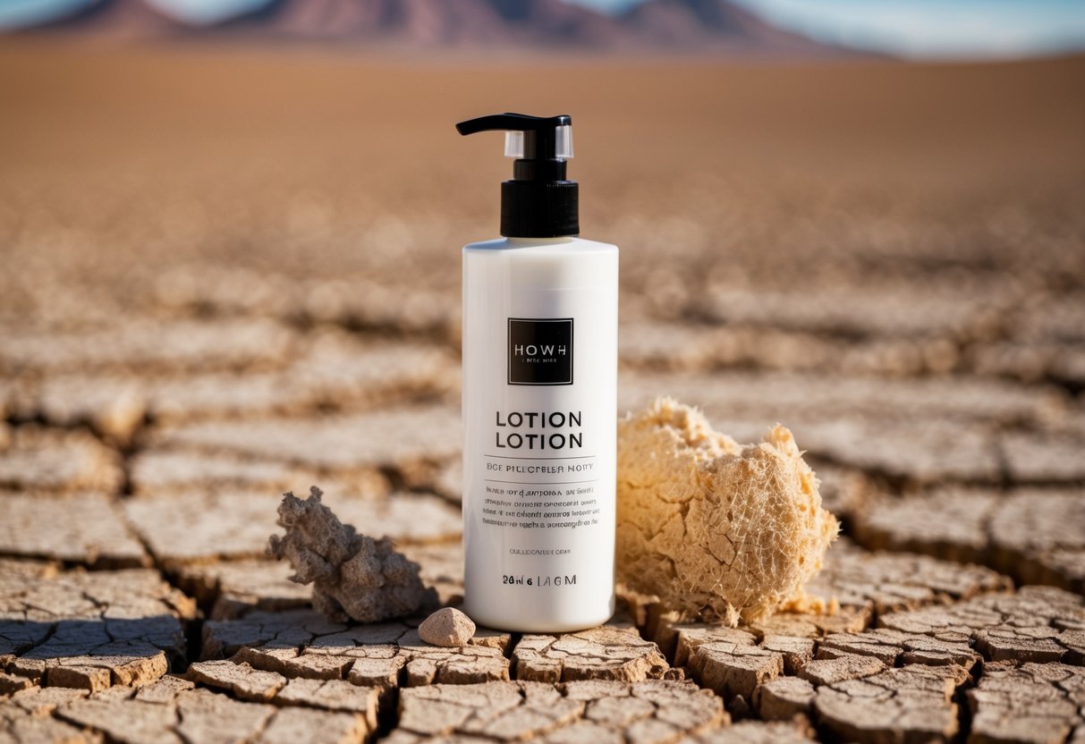 A bottle of lotion surrounded by cracked desert earth and dry, flaky skin