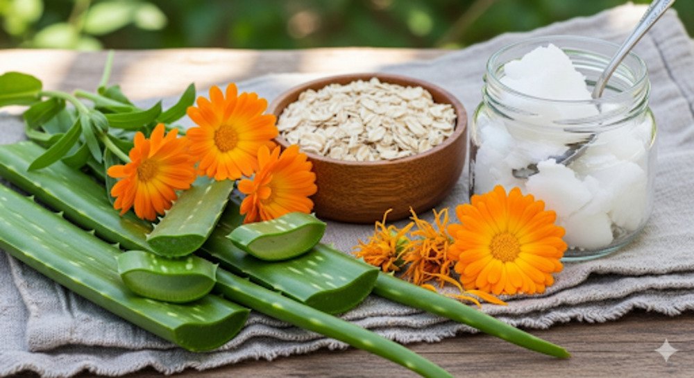 A flat-lay image of various natural eczema remedies, including aloe vera, calendula flowers, oatmeal, and coconut oil, on a rustic wooden background. 